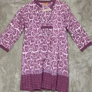 Roberta Roller Rabbit Dress Size M Pink White Boho Cotton 3/4 Sleeve India